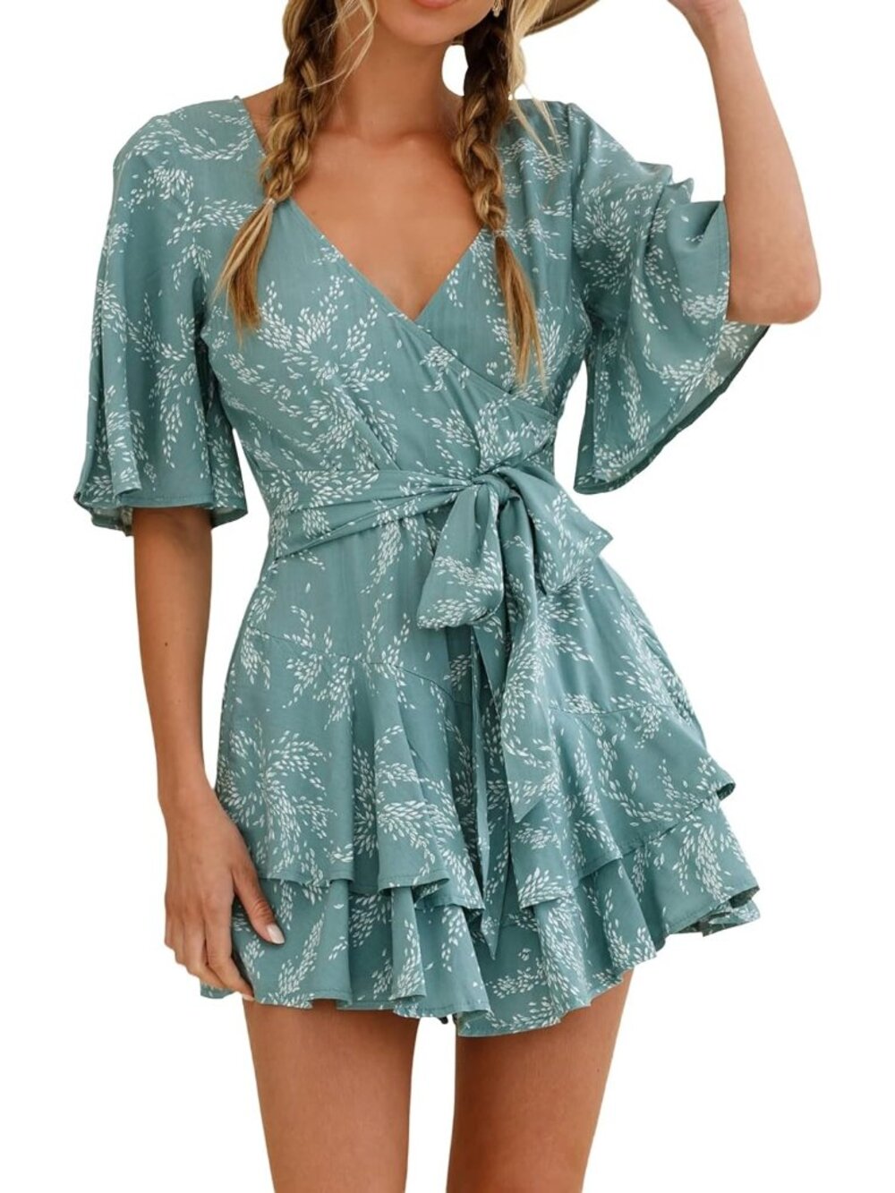 Women's Summer Short Lake Blue Flared Sleeve Romper V Neck Floral Print Jumpsuit